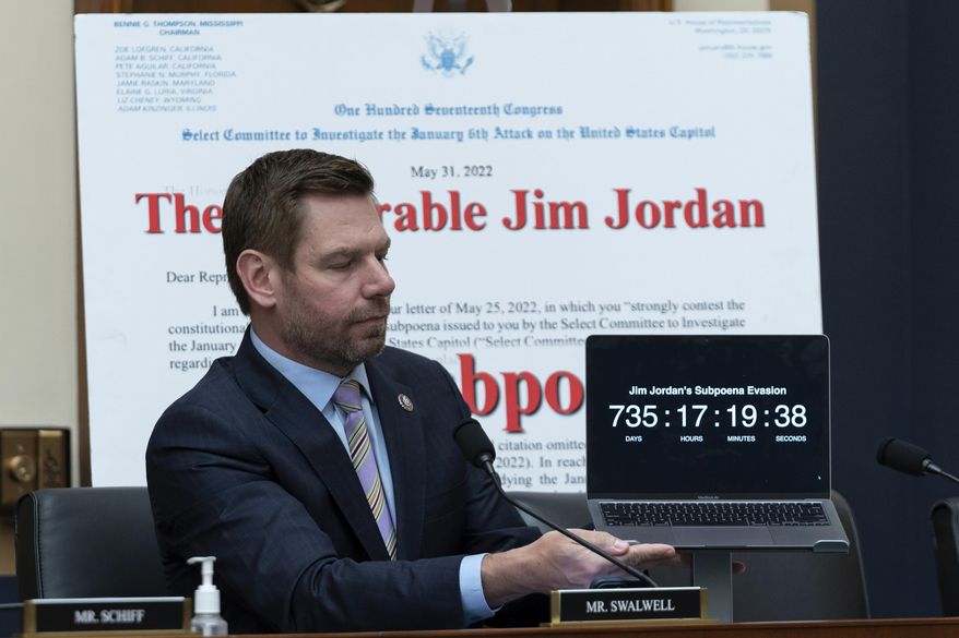 Rep. Eric Swalwell, D-Calif., speaks during the House Judiciary Committee markup hearing to hold Attorney General Merrick Garland in contempt of Congress, Thursday, May 16, 2024, on Capitol Hill in Washington. (AP Photo/Jose Luis Magana)