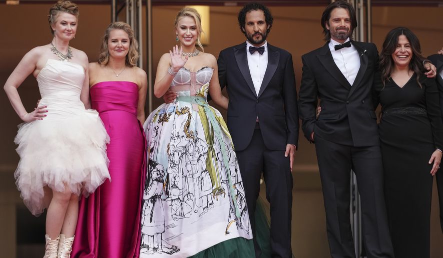 Julianne Forde, from left, Ruth Treacy, Maria Bakalova, director Ali Abbasi, Sebastian Stan, and Amy Baer pose for photographers upon arrival at the premiere of the film 'The Apprentice' at the 77th international film festival, Cannes, southern France, Monday, May 20, 2024. (Photo by Scott A Garfitt/Invision/AP)