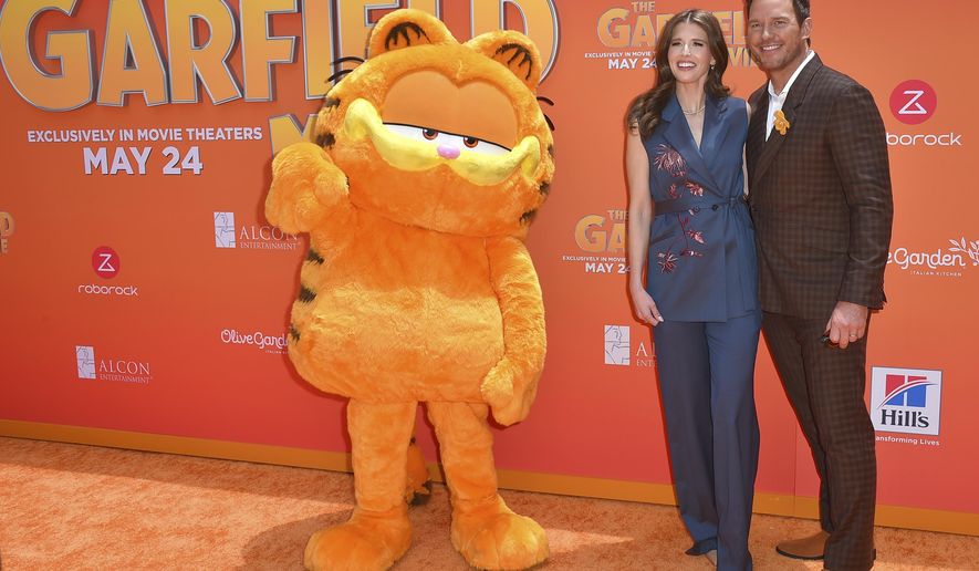 Katherine Schwarzenegger Pratt, left, and Chris Pratt arrive at the premiere of "The Garfield Movie" on Sunday, May 19, 2024, at TCL Chinese Theater in Los Angeles. (Photo by Jordan Strauss/Invision/AP)