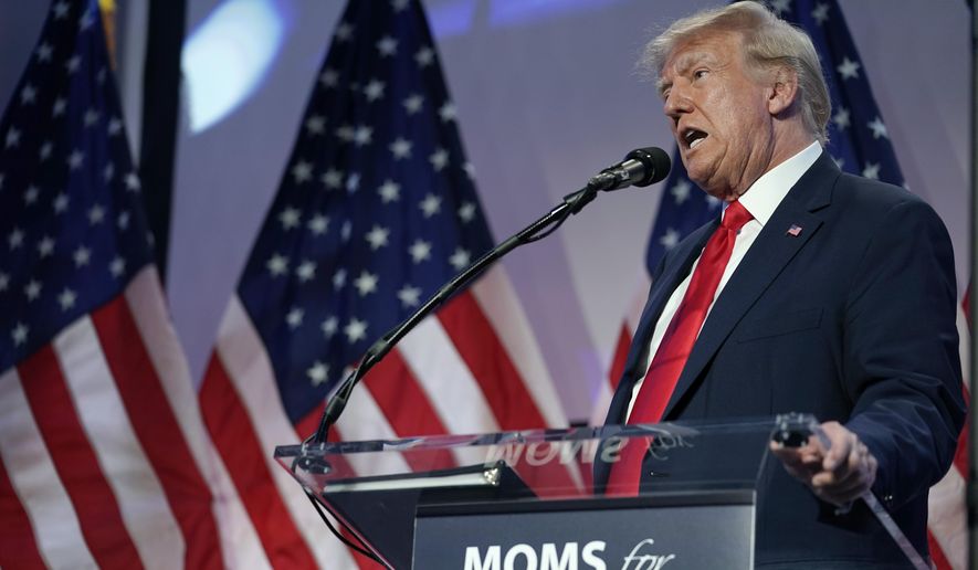 Republican presidential candidate and former President Donald Trump speaks at the Moms for Liberty meeting in Philadelphia on June 30, 2023. (AP Photo/Matt Rourke) **FILE**