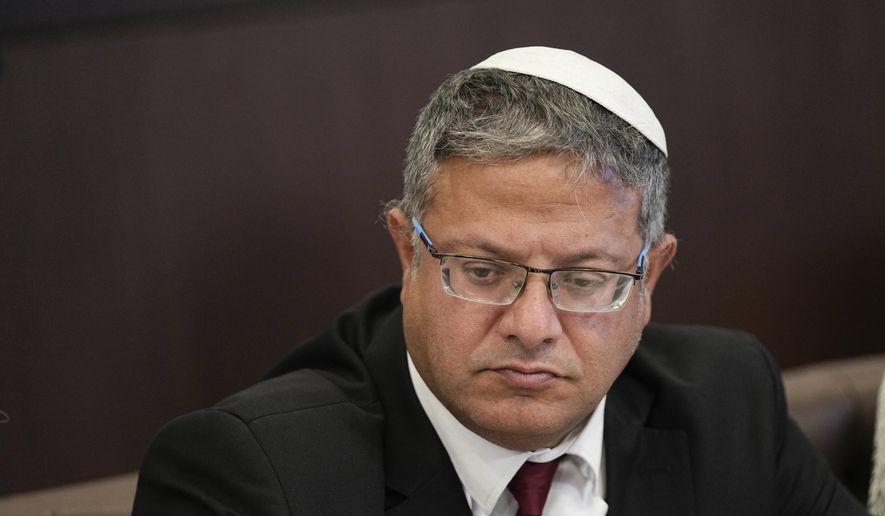 FILE - Israel's National Security Minister Itamar Ben-Gvir attends the weekly cabinet meeting in Jerusalem, Sunday, Sept. 10, 2023. Far-right National Security Minister Itamar Ben-Gvir visited Jerusalem’s most sensitive holy site, denouncing the decision from Spain, Ireland, and Norway to recognize a Palestinian state. (AP Photo/Ohad Zwigenberg, Pool, File)