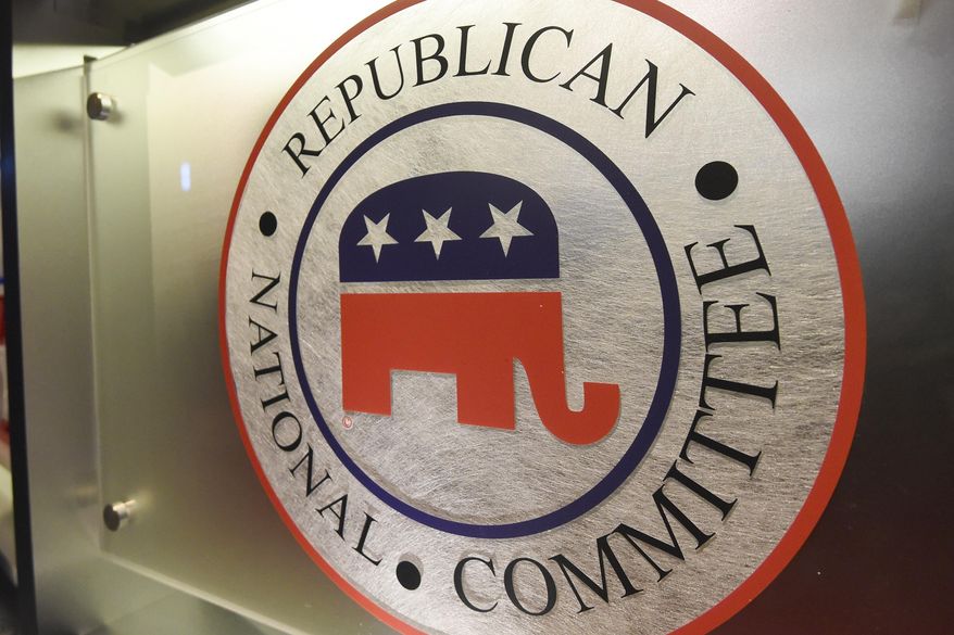 The Republican National Committee logo is shown on the stage at the North Charleston Coliseum, Jan. 13, 2016, in North Charleston, S.C. The RNC’s platform committee on Monday signed off on a Trump-inspired vision for the party that omits its previous embrace of a human life amendment to the Constitution and a 20-week federal ban on most abortions. (AP Photo/Rainier Ehrhardt) **FILE**