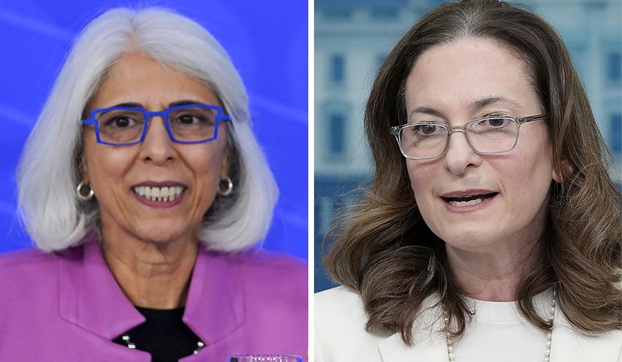 Arati Prabhakar, left photo, Director of the White House Office of Science and Technology Policy, and Jennifer Klein, Director of the White House Gender Policy Council, are shown in 2023 file photos. Klein and Prabhakar are co-authors of a Thursday announcement calling on the tech industry and financial institutions to commit to new measures to curb the creation of AI-generated nonconsensual sexual imagery. (AP Photo, file)