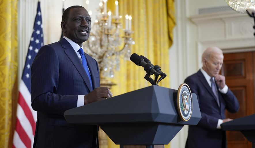 Kenya's President William Ruto speaks during a news conference with President Joe Biden in the East Room of the White House, Thursday, May 23, 2024, in Washington. (AP Photo/Evan Vucci)