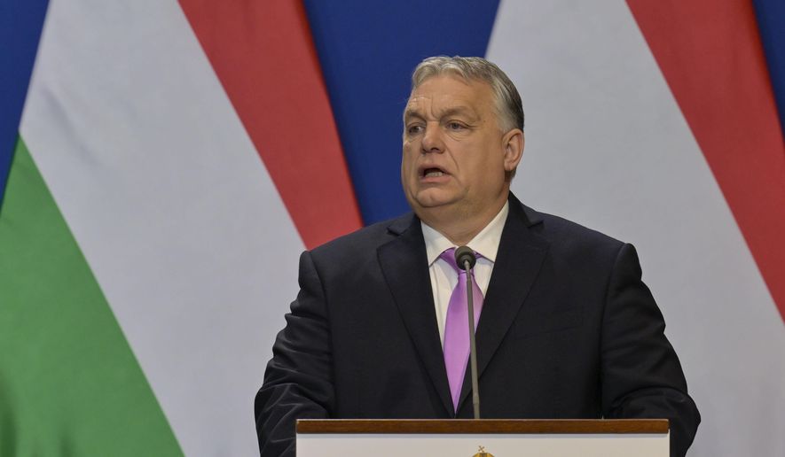 Hungarian Prime Minister Viktor Orban speaks during a press conference with his Swedish counterpart Ulf Kristersson at the Carmelite Monastery in Budapest, Hungary, on Feb. 23, 2024. Hungary's prime minister says he will seek to opt his country out of any NATO operations aimed at supporting Ukraine. Prime Minister Viktor Orbán told state radio on Friday, May 24, 2024, that Hungary opposes a plan NATO is weighing to provide more predictable military support to Ukraine. (AP Photo/Denes Erdos, File)
