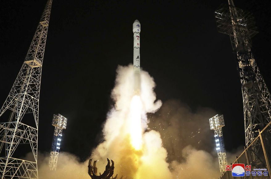 This photo provided by the North Korean government shows what the country said is the launch of the Malligyong-1, a military spy satellite, into orbit on Nov. 21, 2023. Independent journalists were not given access to cover the event depicted in this image distributed by the North Korean government. The content of this image is as provided and cannot be independently verified. Korean language watermark on image as provided by source reads: "KCNA" which is the abbreviation for Korean Central News Agency. (Korean Central News Agency/Korea News Service via AP, File)