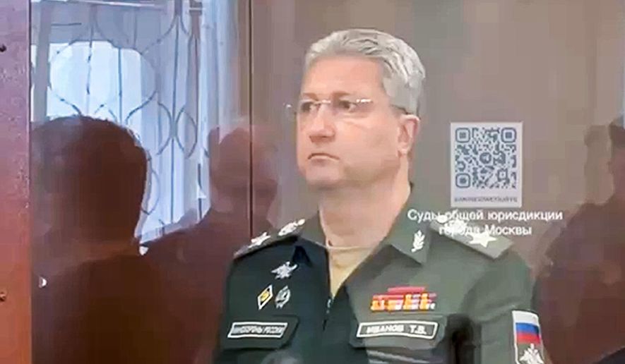 This photo taken and released by Basmanny District Court press service on Wednesday, April 24, 2024, shows Deputy Defense Minister Timur Ivanov standing in a defendants' cage in court in Moscow, Russia. Ivanov was arrested on suspicion of accepting a bribe. (Basmanny District Court press service via AP, File)