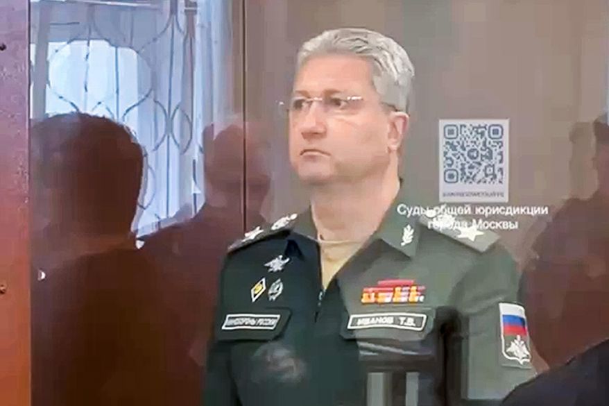 This photo taken and released by Basmanny District Court press service on Wednesday, April 24, 2024, shows Deputy Defense Minister Timur Ivanov standing in a defendants' cage in court in Moscow, Russia. Ivanov was arrested on suspicion of accepting a bribe. (Basmanny District Court press service via AP, File)