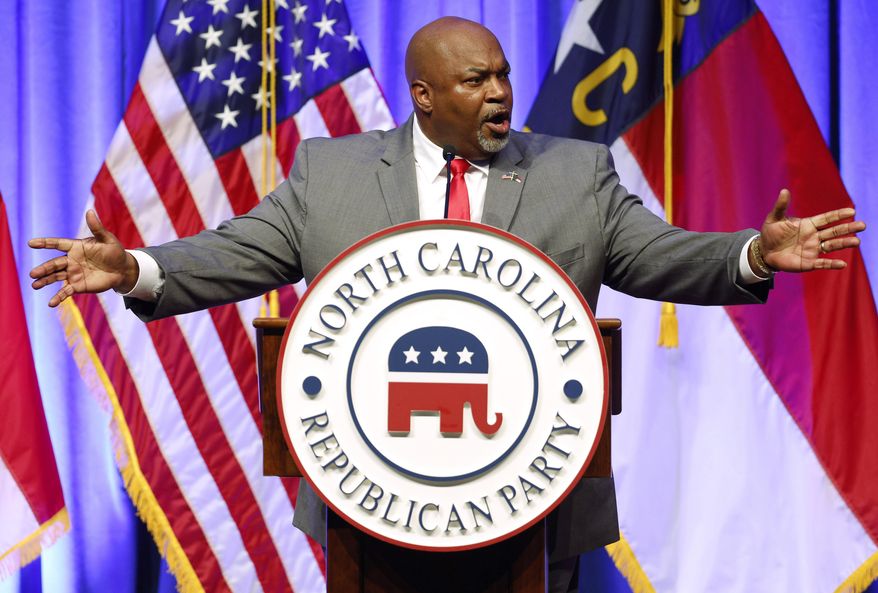 Lt. Gov. Mark Robinson speaks at the North Carolina GOP Convention in Greensboro, N.C., on Saturday, May 25, 2024. (Woody Marshall/News & Record via AP)