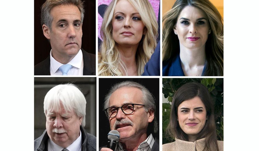 This combination photo shows, top row from left, Michael Cohen on May 14, 2024, in New York, Stormy Daniels on May 23, 2018, in West Hollywood, Calif., Hope Hick on Feb. 27, 2018, in Washington, and bottom row from left, Jeffrey McConney on Nov. 15, 2022, in New York, David Pecker on Jan. 31, 2014, in New York and Madeleine Westerhout on April 2, 2018, in Washington. After 22 witnesses, testimony is over at former President Donald Trump's criminal trial in New York. Prosecutors and Trump's lawyers are scheduled to make their closing arguments Tuesday, May 28, 2024. (AP Photo)