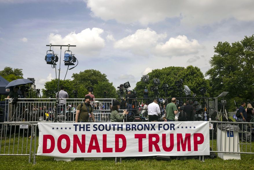 One New York borough has a compliment or two for former President Donald Trump. “The Bronx County Conservative Party would like to extend our heartfelt thanks to Republican Presidential candidate and Conservative Party endorse Donald J.Trump for visiting the Bronx," said Gonzalo Duran, vice chairman of the Bronx County Conservative Party, in a statement. (AP PHOTO)