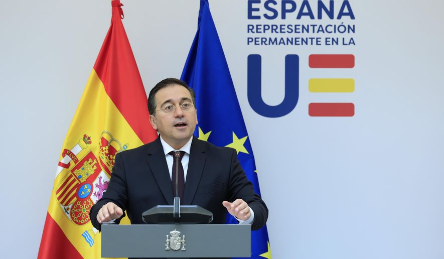Spain's Foreign Minister Jose Manuel Albares Bueno addresses a media conference prior to talks on the Middle East in Brussels, Monday, May 27, 2024. (AP Photo/Geert Vanden Wijngaert)