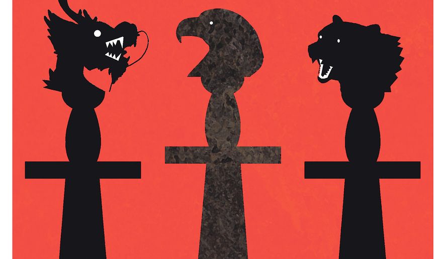 U.S. nuclear weapons and threats from China, Russia illustration by Alexander Hunter/The Washington Times