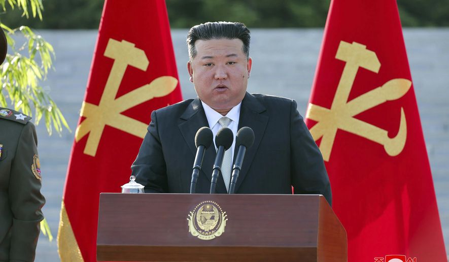 In this photo provided by the North Korean government, North Korean leader Kim Jong-un delivers a speech at the North’s Academy of Defense Sciences in North Korea, Tuesday, May 28, 2024. Independent journalists were not given access to cover the event depicted in this image distributed by the North Korean government. The content of this image is as provided and cannot be independently verified. Korean language watermark on image as provided by source reads: "KCNA" which is the abbreviation for Korean Central News Agency. (Korean Central News Agency/Korea News Service via AP)