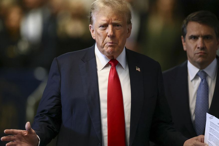 Former President Donald Trump arrives at Manhattan criminal court for closing arguments in his criminal hush money trial in New York, on Tuesday, May 28, 2024. (Andrew Kelly/Pool Photo via AP)