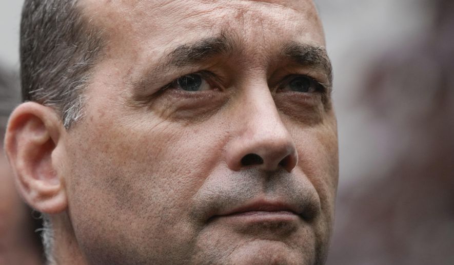 The chairman of the House Freedom Caucus, Rep. Bob Good, R-Va., watches during a news conference near Manhattan criminal court Thursday, May 16, 2024, in New York. Former President Donald Trump is accused of falsifying business records to cover up a sex scandal during the 2016 presidential campaign. (AP Photo/Frank Franklin II)