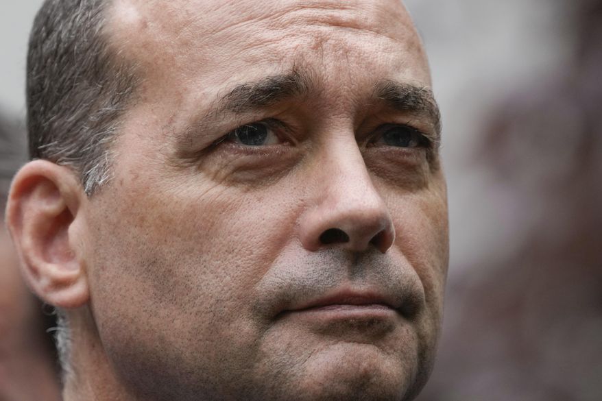 The chairman of the House Freedom Caucus, Rep. Bob Good, R-Va., watches during a news conference near Manhattan criminal court Thursday, May 16, 2024, in New York. Former President Donald Trump is accused of falsifying business records to cover up a sex scandal during the 2016 presidential campaign. (AP Photo/Frank Franklin II)