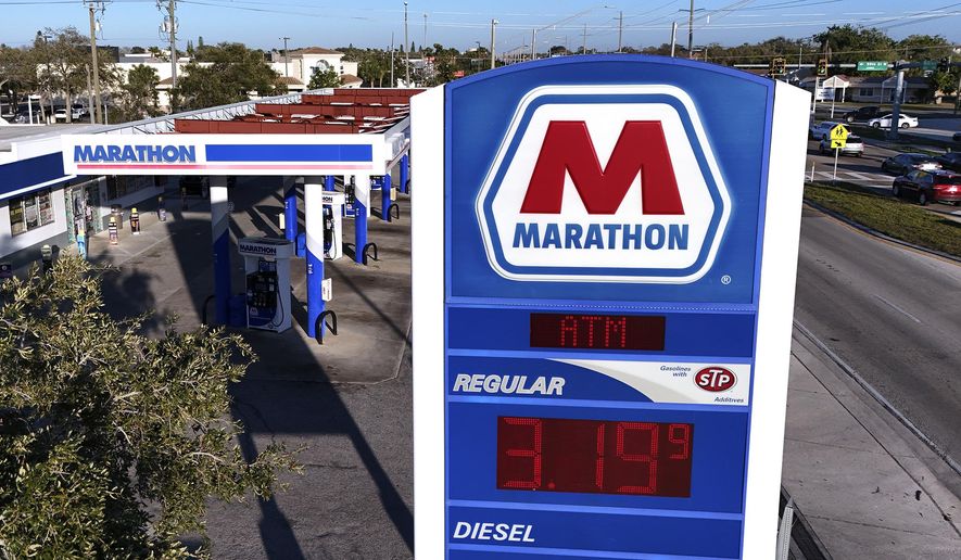 This is a Marathon gas station in Bradenton, Fla., Feb. 7, 2024. ConocoPhillips is buying Marathon Oil in an all-stock deal valued at approximately $17.1 billion. The deal announced Wednesday, May 29, 2024, is valued at $22.5 billion when including $5.4 billion in debt. (AP Photo/Gene J. Puskar, File)
