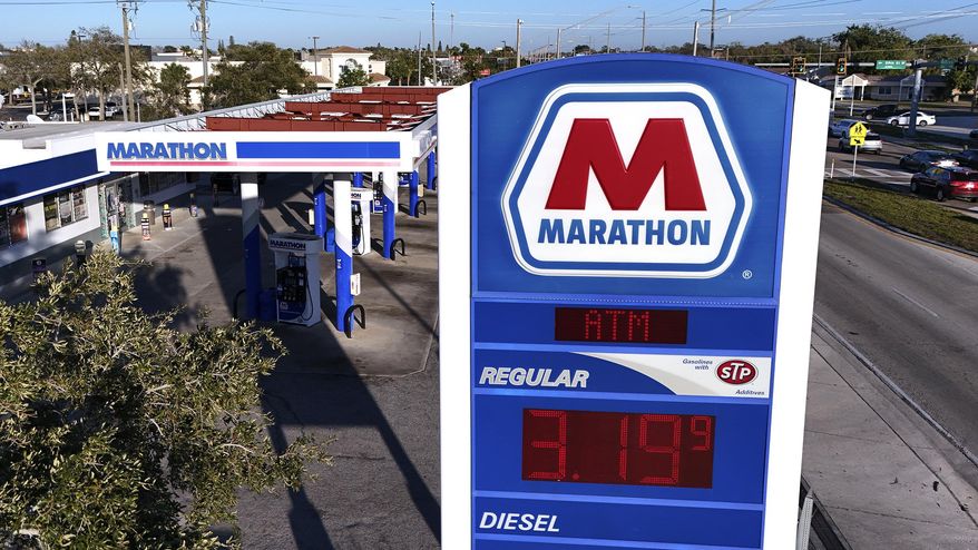 This is a Marathon gas station in Bradenton, Fla., Feb. 7, 2024. ConocoPhillips is buying Marathon Oil in an all-stock deal valued at approximately $17.1 billion. The deal announced Wednesday, May 29, 2024, is valued at $22.5 billion when including $5.4 billion in debt. (AP Photo/Gene J. Puskar, File)