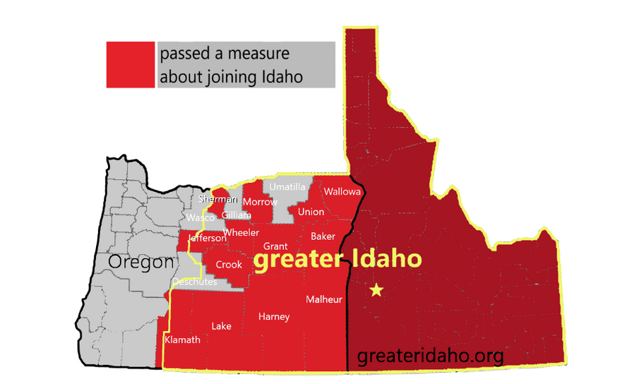 Another rural county has voted to break off from blue-state Oregon and join its red-state neighbor by reconfiguring the state border, the latest victory for the grassroots movement called Greater Idaho. Image via Greater Idaho.