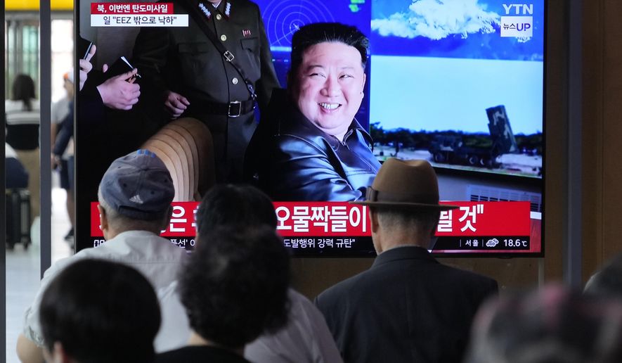 A TV screen shows a file image of North Korean leader Kim Jong Un during a news program at the Seoul Railway Station in Seoul, South Korea, Thursday, May 30, 2024. North Korea on Thursday fired a barrage of suspected ballistic missiles toward its eastern sea, according to South Korea's military, days after its attempt to launch a military reconnaissance satellite ended in failure but still drew strong condemnation from its rivals. (AP Photo/Ahn Young-joon)