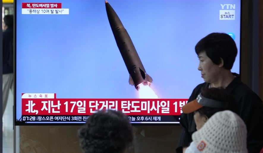 A news program broadcasts a file image of a missile launch by North Korea, at the Seoul Railway Station in Seoul, South Korea, Thursday, May 30, 2024. North Korea on Thursday fired a barrage of ballistic missiles toward its eastern sea, according to South Korea's military, days after its attempt to launch a military reconnaissance satellite ended in failure but still drew strong condemnation from its rivals. (AP Photo/Ahn Young-joon)