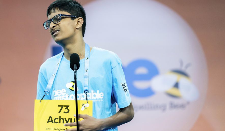 Achyut Ethiraj, 14, of Fort Wayne, Ind., reacts to misspelling his word during the quarterfinal round of competition in the Scripps National Spelling Bee, in Oxon Hill, Md., Wednesday, May 29, 2024. (AP Photo/Nathan Howard)