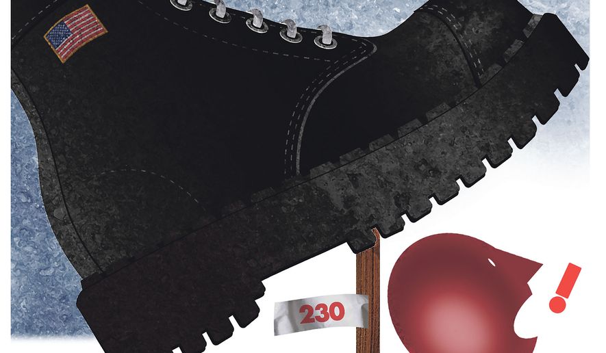 Section 230 of the 1996 Telecommunications Act and freedom of speech illustration by Alexander Hunter/The Washington Times