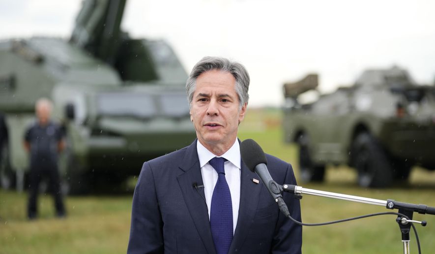 U.S. Secretary of State Antony Blinken speaks at a Czech Defense Capabilities Event at Prague-Kbely Airport, in Prague, Czech Republic, Thursday, May 30, 2024. (AP Photo/Petr David Josek, Pool)