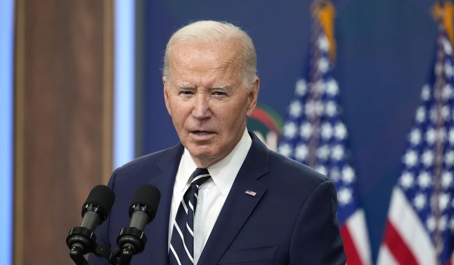 President Joe Biden speaks on April 12, 2024, in Washington. A temporary fix allowing President Biden to appear on this fall's ballot cleared the Ohio House during a rare special session Thursday, May 30, along with a ban on foreign nationals contributing to state ballot campaigns that representatives said was demanded in exchange by the Ohio Senate. (AP Photo/Alex Brandon, File)