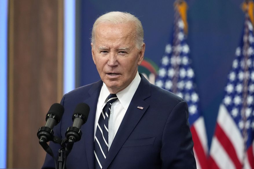 President Joe Biden speaks on April 12, 2024, in Washington. A temporary fix allowing President Biden to appear on this fall's ballot cleared the Ohio House during a rare special session Thursday, May 30, along with a ban on foreign nationals contributing to state ballot campaigns that representatives said was demanded in exchange by the Ohio Senate. (AP Photo/Alex Brandon, File)