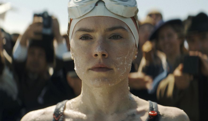 This image released by Disney shows, Daisy Ridley, as Trudy Ederle, in a scene from "Young Woman and the Sea." (Disney via AP)