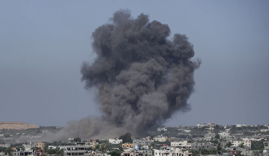 Smoke rises following an Israeli airstrike in Rafah, Gaza Strip, Thursday, May 30, 2024. (AP Photo/Abdel Kareem Hana)