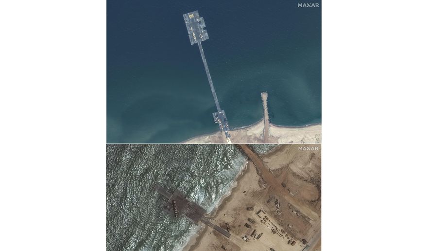 These images released by Maxar Technologies show the newly completed pier in the Gaza Strip on May 18, 2024, top, and the remaining section of the temporary pier on May 29, 2024. A string of security, logistical and weather problems have battered the plan to deliver desperately needed humanitarian aid to Gaza through a U.S. military-built pier. Broken apart by strong winds and heavy seas just over a week after it became operational, the project faces criticism that it hasn’t lived up to its initial billing or its $320 million price tag. (Satellite images ©2024 Maxar Technologies via AP)