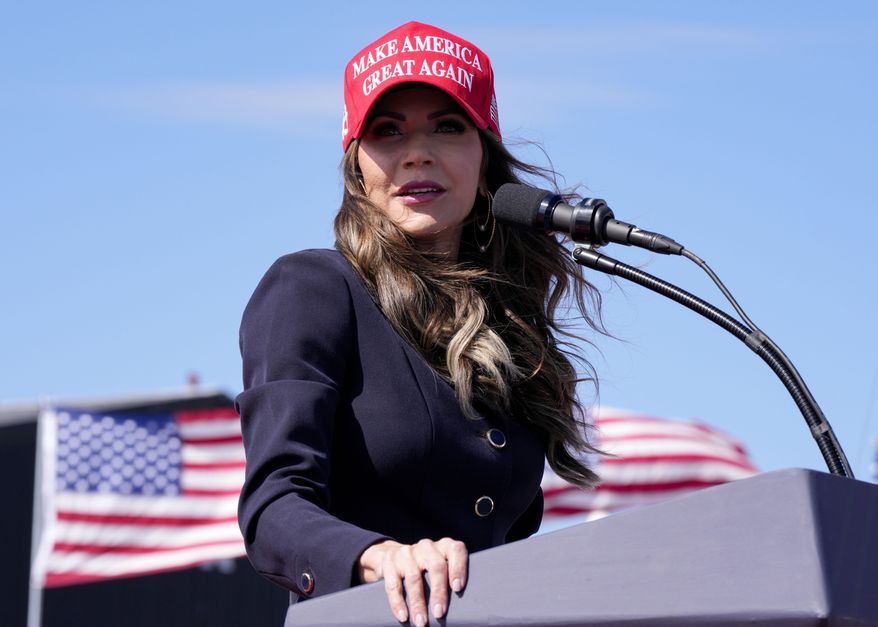 South Dakota Gov. Kristi Noem speaks prior to remarks from Republican presidential candidate and former President Donald Trump at a campaign rally, March 16, 2024, in Vandalia, Ohio. South Dakota may be best known for Noem’s no-apologies approach to politics, earning her the favor of former President Donald Trump. On Tuesday, voters will decide what a Republican majority in the South Dakota legislature looks like. (AP Photo/Jeff Dean, File)