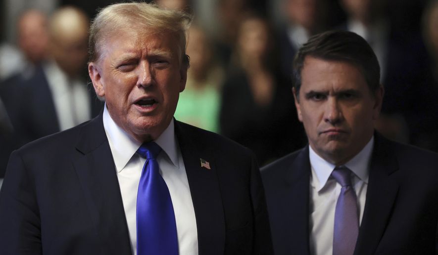 Former President Donald Trump speaks to the media alongside his attorney Todd Blanche after the conclusion of his hush money trial in New York, Thursday, May 30, 2024. (Michael M. Santiago/Pool Photo via AP)