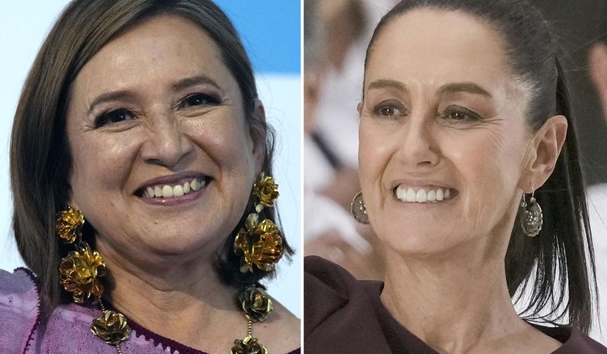 This combo image shows opposition presidential candidate Xochitl Galvez, left, on July 4, 2023, and presidential frontrunner Claudia Sheinbaum, on May 29, 2024, both in Mexico City. Voters choosing Mexico’s next president will decide on Sunday, June 2, 2024, between Sheinbaum, a former mayor and academic, and Galvez, an ex-senator and tech entrepreneur. A third candidate from a smaller party trails far behind. (AP Photo/File)