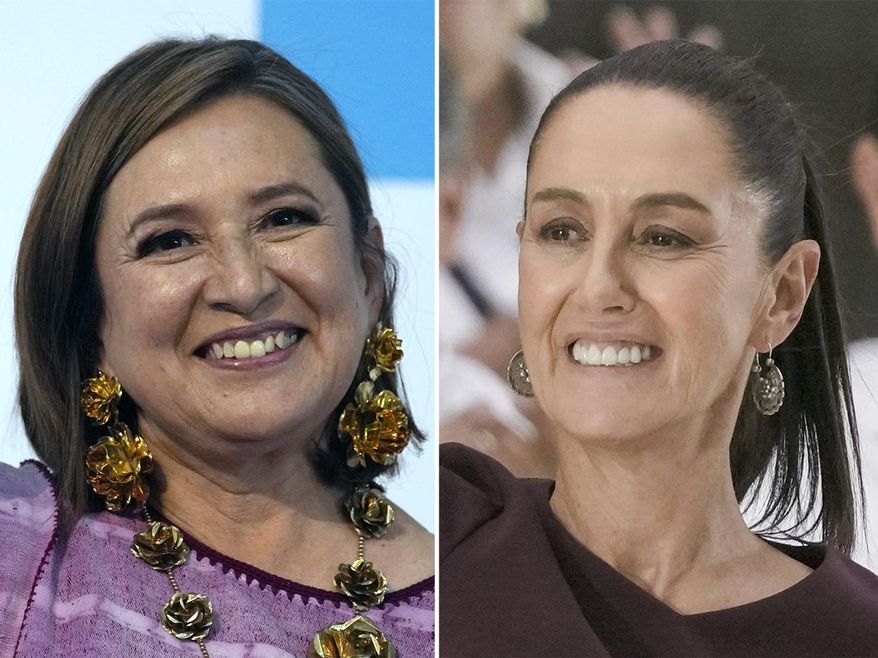 This combo image shows opposition presidential candidate Xochitl Galvez, left, on July 4, 2023, and presidential frontrunner Claudia Sheinbaum, on May 29, 2024, both in Mexico City. Voters choosing Mexico’s next president will decide on Sunday, June 2, 2024, between Sheinbaum, a former mayor and academic, and Galvez, an ex-senator and tech entrepreneur. A third candidate from a smaller party trails far behind. (AP Photo/File)