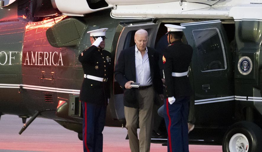 President Joe Biden arrives on Marine One at Delaware Air National Guard Base in New Castle, Del., Sunday, June 2, 2024. (AP Photo/Alex Brandon)