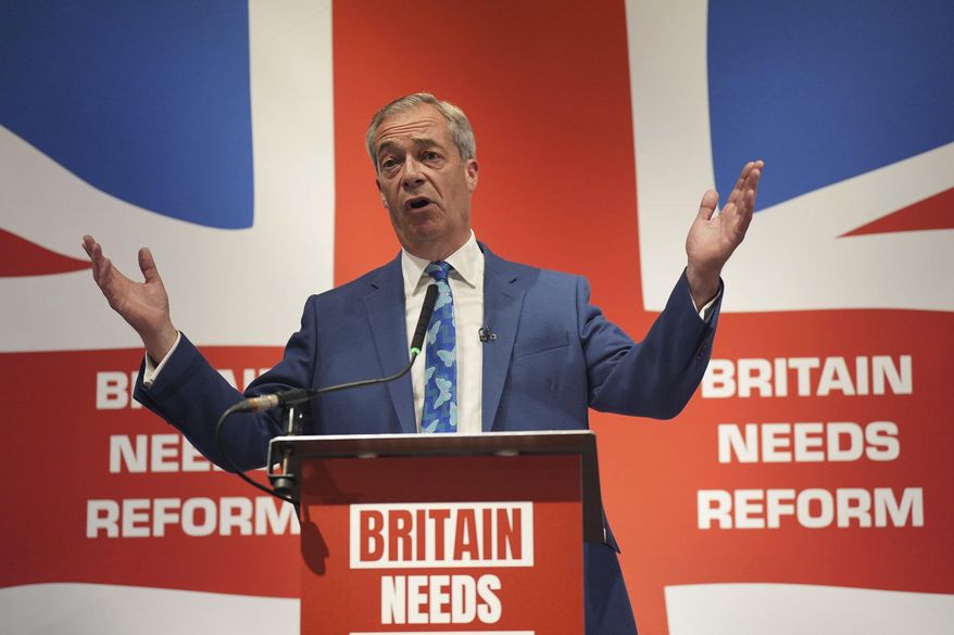 Nigel Farage speaks during a press conference to announce that he will become the new leader of Reform U.K. and that he will stand as the parliamentary candidate for Clacton, Essex, at The Glaziers Hall in London, Monday, June 3, 2024. while on the General Election campaign trail. (Yui Mok/PA via AP)