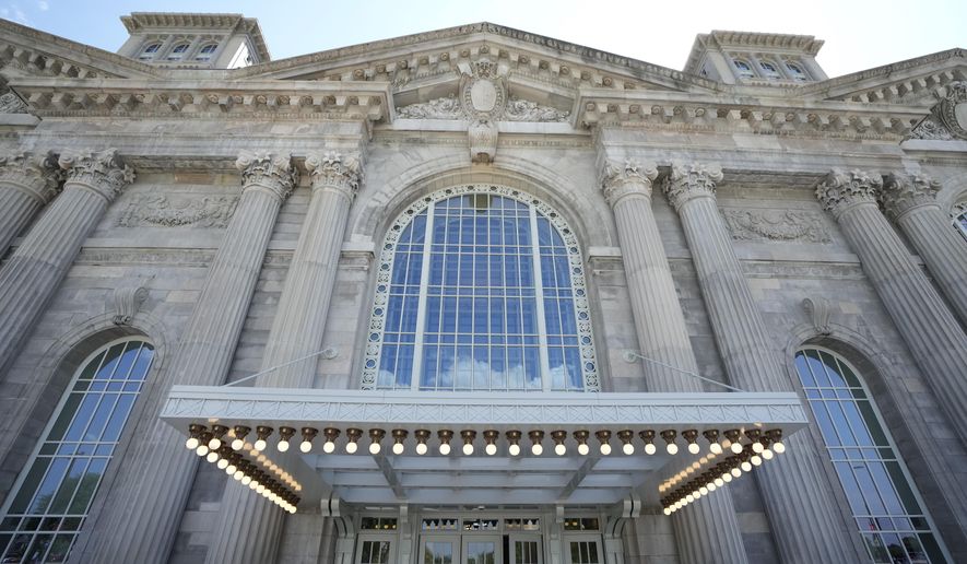 The entrance to the Michigan Central Station is seen, Monday, May 13, 2024 in Detroit. A once hulking scavenger-ravaged monolith that symbolized Detroit's decline reopens this week after a massive six-year multimillion dollar renovation by Ford Motor Co., which restored the Michigan Central Station to its past grandeur with a focus squarely on the future of mobility. (AP Photo/Carlos Osorio)