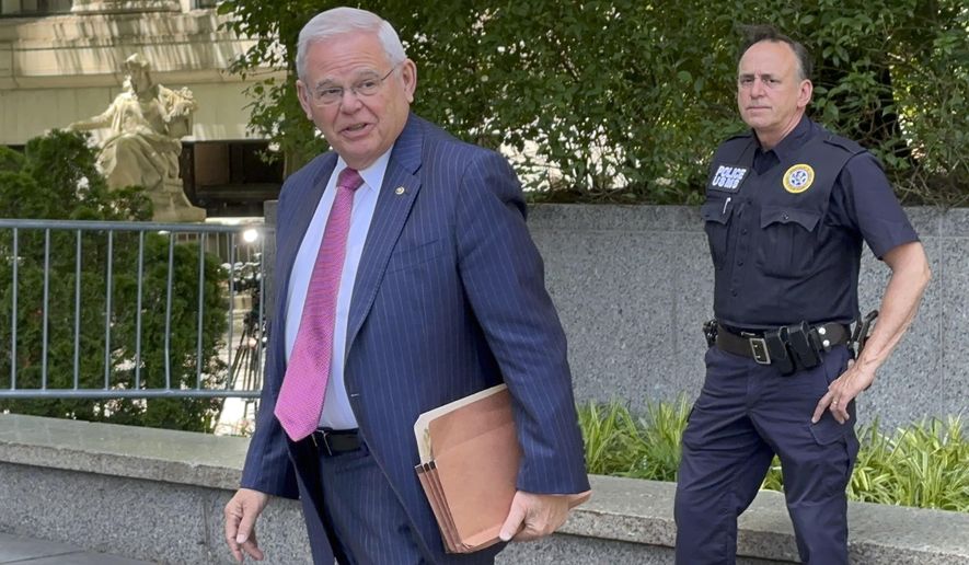 U.S. Sen. Bob Menendez, who is accused of taking bribes of cash, gold bars and a luxury car in exchange for favors performed for several New Jersey businessmen, arrives at Federal Court, in New York, Monday, June 3, 2024. (AP Photo/Larry Neumeister)