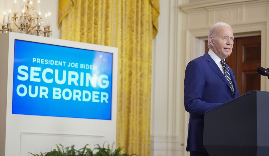 President Joe Biden speaks about an executive order in the East Room at the White House in Washington, Tuesday, June 4, 2024. Biden unveiled plans to enact immediate significant restrictions on migrants seeking asylum at the U.S.-Mexico border as the White House tries to neutralize immigration as a political liability ahead of the November elections. (AP Photo/Alex Brandon)