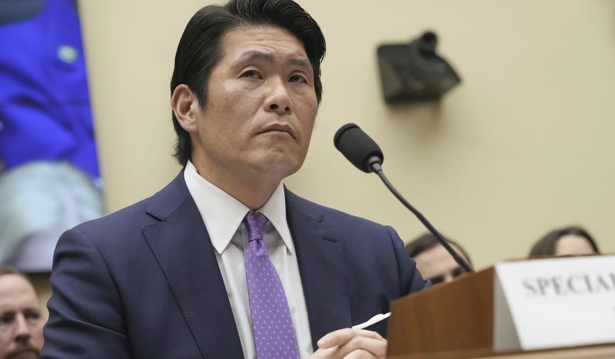 FILE - Department of Justice Special Counsel Robert Hur listens during a House Judiciary Committee hearing, March 12, 2024, on Capitol Hill in Washington.The Justice Department says its concerned that releasing audio of President Joe Biden's interview with a special counsel about his handling of classified documents could lead to deepfakes that trick Americans. (AP Photo/Jacquelyn Martin, File)