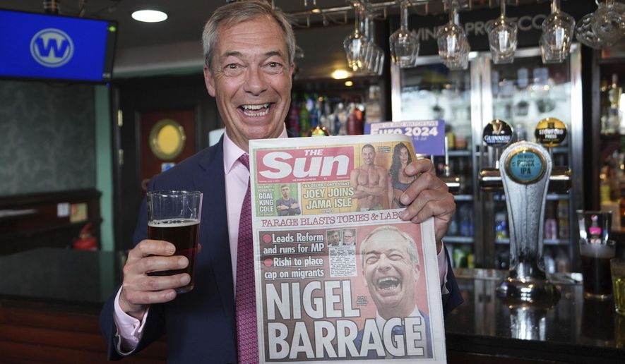 Leader of Reform UK Nigel Farage speaks to the media following the launch of his General Election campaign in Clacton-on-Sea, Essex, England, Tuesday June 4, 2024. Mr Farage announced on Monday that he will stand for parliament in Clacton and lead Reform UK for the next five years. (James Manning/PA via AP)