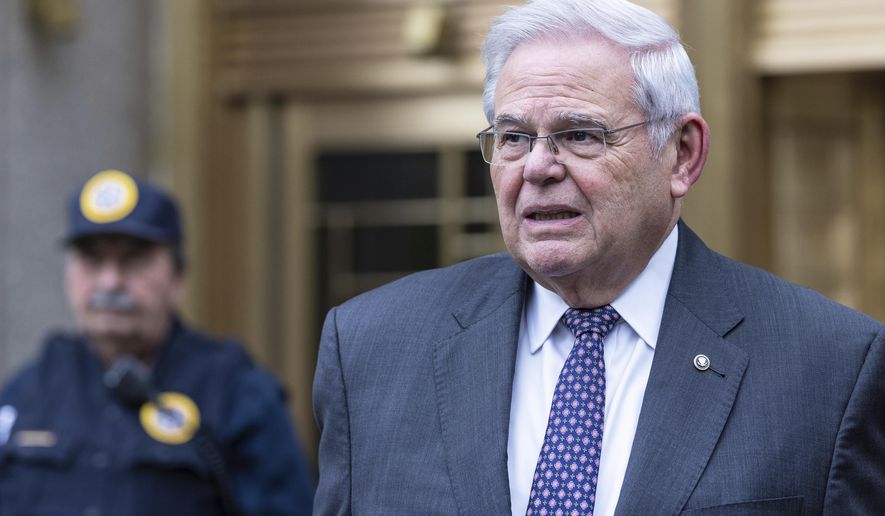 Sen. Bob Menendez, D-N.J., leaves the Manhattan federal court after the second day of jury selection in his trial, Tuesday, May, 14, 2024, in New York. New Jersey Democrats and Republicans decide their parties’ standard-bearers for the Senate amid the federal corruption trial in New York of Menendez, along with candidates for the presidency and House. (AP Photo/Stefan Jeremiah, File)