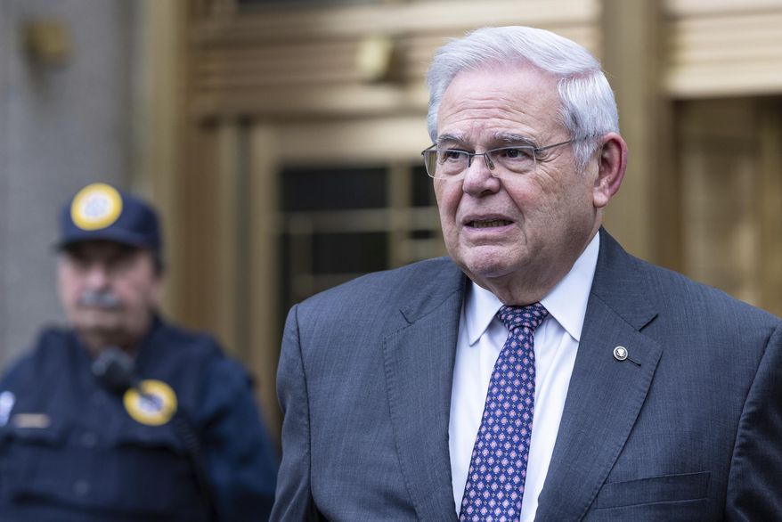 Sen. Bob Menendez, D-N.J., leaves the Manhattan federal court after the second day of jury selection in his trial, Tuesday, May, 14, 2024, in New York. New Jersey Democrats and Republicans decide their parties’ standard-bearers for the Senate amid the federal corruption trial in New York of Menendez, along with candidates for the presidency and House. (AP Photo/Stefan Jeremiah, File)