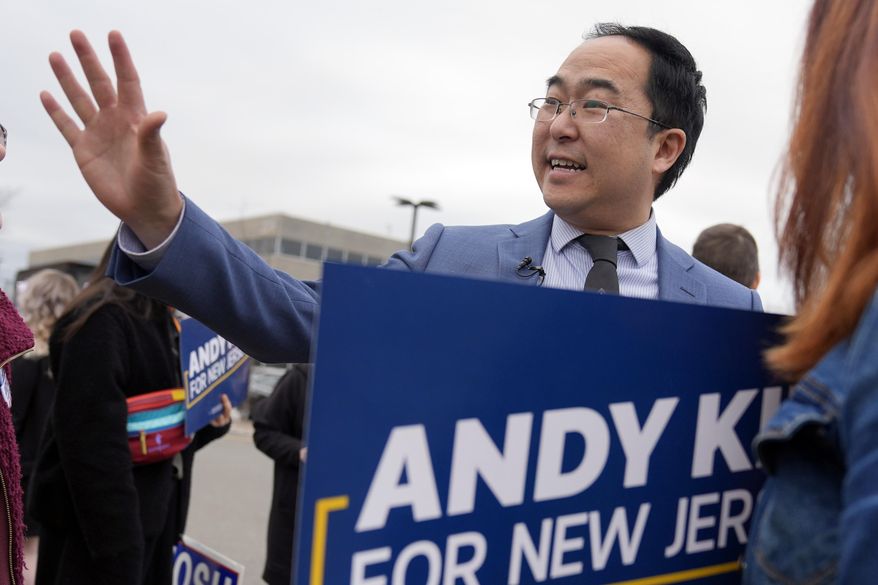 Rep. Andy Kim greets supporters outside the Bergen County Democratic convention in Paramus, N.J., March 4, 2024. Democratic voters are deciding between Rep. Andy Kim, labor leader Patricia Campos-Medina and longtime grassroots organizer Lawrence Hamm. (AP Photo/Seth Wenig, File)