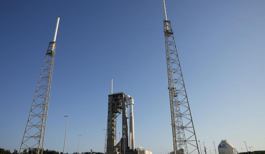 Boeing's Starliner capsule, atop an Atlas V rocket, sits on the launch pad at Space Launch Complex 41 Monday, June 3, 2024, in Cape Canaveral, Fla. NASA astronauts Butch Wilmore and Suni Williams will launch aboard the rocket to the International Space Station, scheduled for liftoff on June 5. (AP Photo/Chris O'Meara)