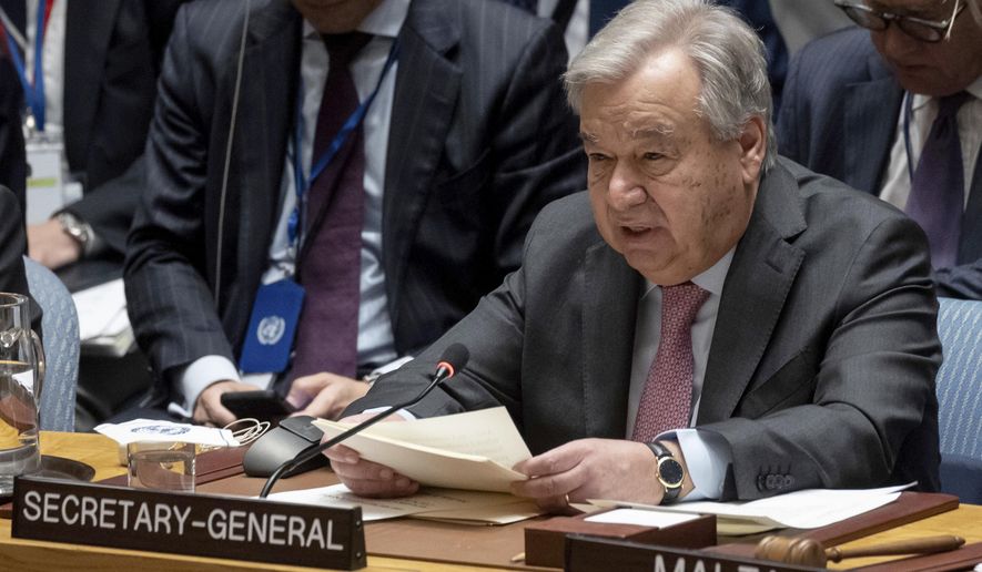 FILE - United Nations Secretary General Antonio Guterres speak during a Security Council meeting at the United Nations headquarters, April 18, 2024. U.N. Secretary General António Guterres called Wednesday, June 5, 2024, for a “windfall” tax on profits of fossil fuel companies to help pay for the fight against global warming, decrying them as the “godfathers of climate chaos.” (AP Photo/Yuki Iwamura, File)